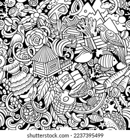 Cartoon doodles Honduras seamless pattern. Backdrop with local Honduran culture symbols and items. Colorful background for print on fabric, textile, greeting cards, scarves, wallpaper