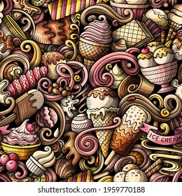 Cartoon doodles Ice-cream seamless pattern. Backdrop with ice cream symbols and items. Colorful detailed background for print on fabric, textile, phone cases, wrapping paper. All objects separate.