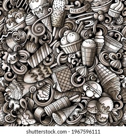 Cartoon doodles Ice-cream seamless pattern. Backdrop with ice cream symbols and items. Monochrome detailed background for print on fabric, textile, phone cases, wrapping paper. All objects separate.