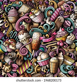 Cartoon doodles Ice-cream seamless pattern. Backdrop with ice cream symbols and items. Colorful detailed background for print on fabric, textile, phone cases, wrapping paper. All objects separate.