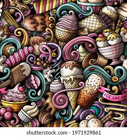 Cartoon doodles Ice-cream seamless pattern. Backdrop with ice cream symbols and items. Colorful detailed background for print on fabric, textile, phone cases, wrapping paper. All objects separate.