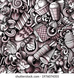 Cartoon doodles Ice-cream seamless pattern. Backdrop with ice cream symbols and items. Monochrome detailed background for print on fabric, textile, phone cases, wrapping paper. All objects separate.