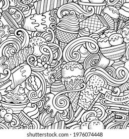 Cartoon doodles Ice-cream seamless pattern. Backdrop with ice cream symbols and items. Sketchy detailed background for print, coloring pages, wrapping paper.