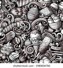 Cartoon doodles Ice-cream seamless pattern. Backdrop with ice cream symbols and items. Monochrome detailed background for print on fabric, textile, phone cases, wrapping paper. All objects separate.