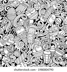 Cartoon doodles Ice-cream seamless pattern. Backdrop with ice cream symbols and items. Sketchy detailed background for print, coloring pages, wrapping paper.