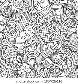 Cartoon doodles Ice-cream seamless pattern. Backdrop with ice cream symbols and items. Sketchy detailed background for print, coloring pages, wrapping paper.