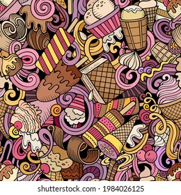 Cartoon doodles Ice-cream seamless pattern. Backdrop with ice cream symbols and items. Colorful detailed background for print on fabric, textile, phone cases, wrapping paper. All objects separate.