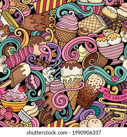 Cartoon doodles Ice-cream seamless pattern. Backdrop with ice cream symbols and items. Colorful detailed background for print on fabric, textile, phone cases, wrapping paper. All objects separate.