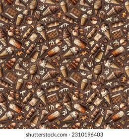 Cartoon doodles Ice-cream seamless pattern. Backdrop with ice cream symbols and items. Colorful detailed background for print on fabric, textile, phone cases, wrapping paper