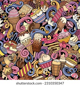 Cartoon doodles Ice-cream seamless pattern. Backdrop with ice cream symbols and items. Colorful detailed background for print on fabric, textile, phone cases, wrapping paper. All objects separate.