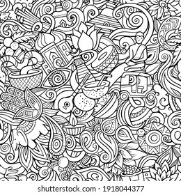 Cartoon doodles India seamless pattern. Backdrop with indian culture symbols and items. Sketchy detailed, with lots of objects background for print on fabric, textile, greeting cards, phone cases
