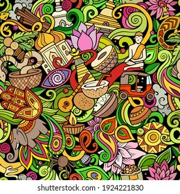 Cartoon doodles India seamless pattern. Backdrop with indian culture symbols and items. Colorful detailed, with lots of objects background for print on fabric, textile, greeting cards, phone cases