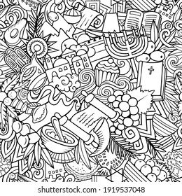 Cartoon doodles Israel seamless pattern. Backdrop with Israeli culture symbols and items. Sketchy detailed background for print on fabric, textile, greeting cards, phone cases, scarves, wrapping paper