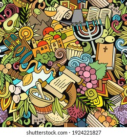 Cartoon doodles Israel seamless pattern. Backdrop with Israeli culture symbols and items. Colorful detailed, with lots of objects background for print on fabric, textile, greeting cards, phone cases