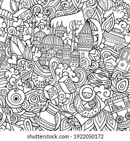 Cartoon doodles Istanbul seamless pattern. Backdrop with Turkish culture symbols and items. Sketchy detailed background for print on fabric, textile, greeting cards, phone cases, scarves