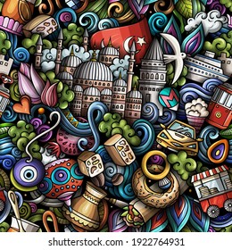 Los dibujos animados muestran un patrón impecable de Estambul. Fondo con símbolos y elementos de la cultura turca. Fondo colorido detallado para imprimir sobre tela, textil, tarjetas de felicitación, estuches de teléfono, pañuelos