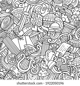 Cartoon doodles Italy seamless pattern. Backdrop with Italian culture symbols and items. Sketchy detailed background for print on fabric, textile, greeting cards, phone cases, scarves, wrapping paper