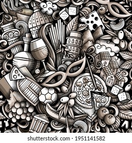 Cartoon doodles Italy seamless pattern. Backdrop with Italian culture symbols and items. Monochrome detailed, with lots of objects background for print on fabric, textile, phone cases, wrapping paper.
