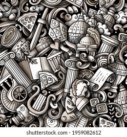 Cartoon doodles Italy seamless pattern. Backdrop with Italian culture symbols and items. Monochrome detailed, with lots of objects background for print on fabric, textile, phone cases, wrapping paper.