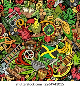 Los dibujos animados le dan un patrón impecable a Jamaica. Fondo con símbolos y objetos de la cultura jamaiquina. Fondo colorido para imprimir sobre tela, textil, tarjetas de felicitación, pañuelos, papel tapizado