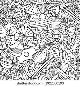 Los dibujos animados le dan un patrón ininterrumpido a Japón. Fondo con símbolos y objetos de la cultura japonesa. Antecedentes detallados y esquemáticos de la impresión en tela, textiles, tarjetas de felicitación, estuches de teléfono, pañuelos, papel envolvente