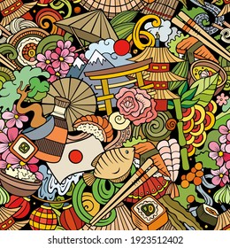 Cartoon doodles Japan seamless pattern. Backdrop with Japanese culture symbols and items. Colorful detailed, with lots of objects background for print on fabric, textile, greeting cards, phone cases