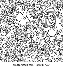 Los dibujos animados reflejan un patrón impecable de Mauricio. Fondo cultural mauriciano con símbolos y objetos. Esbozo detallado, con muchos objetos de fondo para imprimir en tela, textil, tarjetas de felicitación, pañuelos