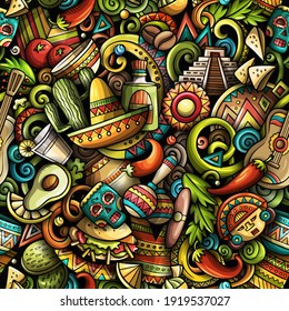 Cartoon doodles Mexico seamless pattern. Backdrop with Mexican culture symbols and items. Colorful detailed background for print on fabric, textile, greeting cards, phone cases, scarves