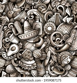 Cartoon doodles Mexico seamless pattern. Backdrop with Mexican culture symbols and items. Monochrome detailed, with lots of objects background for print on fabric, textile, wrapping paper.