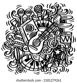 Cartoon Doodles Music Illustration in black and white.
