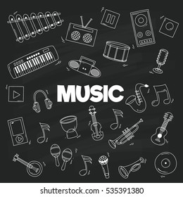 Cartoon doodles Musical illustration. Detailed frame with lots of objects vector background.
