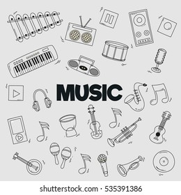 Cartoon doodles Musical illustration. Detailed frame with lots of objects vector background.