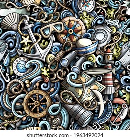 Cartoon doodles Nautical seamless pattern. Backdrop with maritime symbols and items. Colorful detailed background for print on fabric, textile, phone cases, wrapping paper. All objects separate.