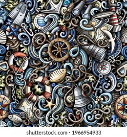 Cartoon doodles Nautical seamless pattern. Backdrop with maritime symbols and items. Colorful detailed background for print on fabric, textile, phone cases, wrapping paper. All objects separate.