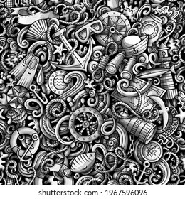 Cartoon doodles Nautical seamless pattern. Backdrop with maritime symbols and items. Monochrome detailed background for print on fabric, textile, phone cases, wrapping paper. All objects separate.