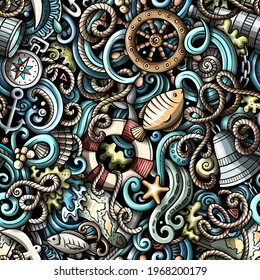 Cartoon doodles Nautical seamless pattern. Backdrop with maritime symbols and items. Colorful detailed background for print on fabric, textile, phone cases, wrapping paper. All objects separate.