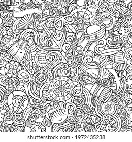 Cartoon doodles Nautical seamless pattern. Backdrop with maritime symbols and items. Sketchy detailed background for print, coloring pages, wrapping paper.