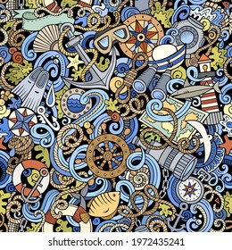Cartoon doodles Nautical seamless pattern. Backdrop with maritime symbols and items. Colorful detailed background for print on fabric, textile, phone cases, wrapping paper. All objects separate.