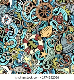 Cartoon doodles Nautical seamless pattern. Backdrop with maritime symbols and items. Colorful detailed background for print on fabric, textile, phone cases, wrapping paper. All objects separate.