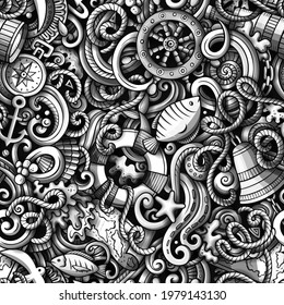 Cartoon doodles Nautical seamless pattern. Backdrop with maritime symbols and items. Monochrome detailed background for print on fabric, textile, phone cases, wrapping paper. All objects separate.