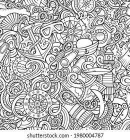 Cartoon doodles Nautical seamless pattern. Backdrop with maritime symbols and items. Sketchy detailed background for print, coloring pages, wrapping paper.