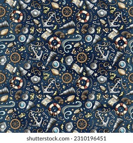 Cartoon doodles Nautical seamless pattern. Backdrop with maritime symbols and items. Colorful detailed background for print on fabric, textile, phone cases, wrapping paper