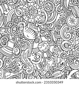 Cartoon doodles Nautical seamless pattern. Backdrop with maritime symbols and items. Sketchy detailed background for print, coloring pages, wrapping paper.