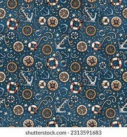 Cartoon doodles Nautical seamless pattern. Backdrop with maritime symbols and items. Colorful detailed background for print on fabric, textile, phone cases, wrapping paper