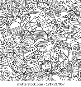 Cartoon doodles Nepal seamless pattern. Backdrop with Asian culture symbols and items. Sketchy detailed background for print on fabric, textile, greeting cards, phone cases, scarves, wrapping paper