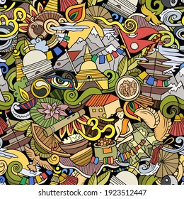 Cartoon doodles Nepal seamless pattern. Backdrop with Asian culture symbols and items. Colorful detailed, with lots of objects background for print on fabric, textile, greeting cards, phone cases
