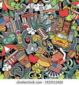 Cartoon doodles New York seamless pattern. Backdrop with American culture symbols and items. Colorful detailed, with lots of objects background for print on fabric, textile, greeting cards, phone case