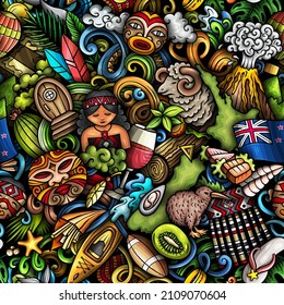 Cartoon doodles New Zealand seamless pattern. Backdrop with local culture symbols and items. Colorful background for print on fabric, textile, greeting cards, scarves, wallpaper