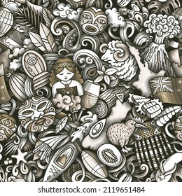 Cartoon doodles New Zealand seamless pattern. Backdrop with local culture symbols and items. Monochrome background for print on fabric, textile, greeting cards, scarves, wallpaper