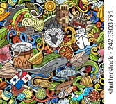 Cartoon doodles Panama seamless pattern. Backdrop with Panamanian culture symbols and items. Colorful background for fabric, greeting cards, wallpaper